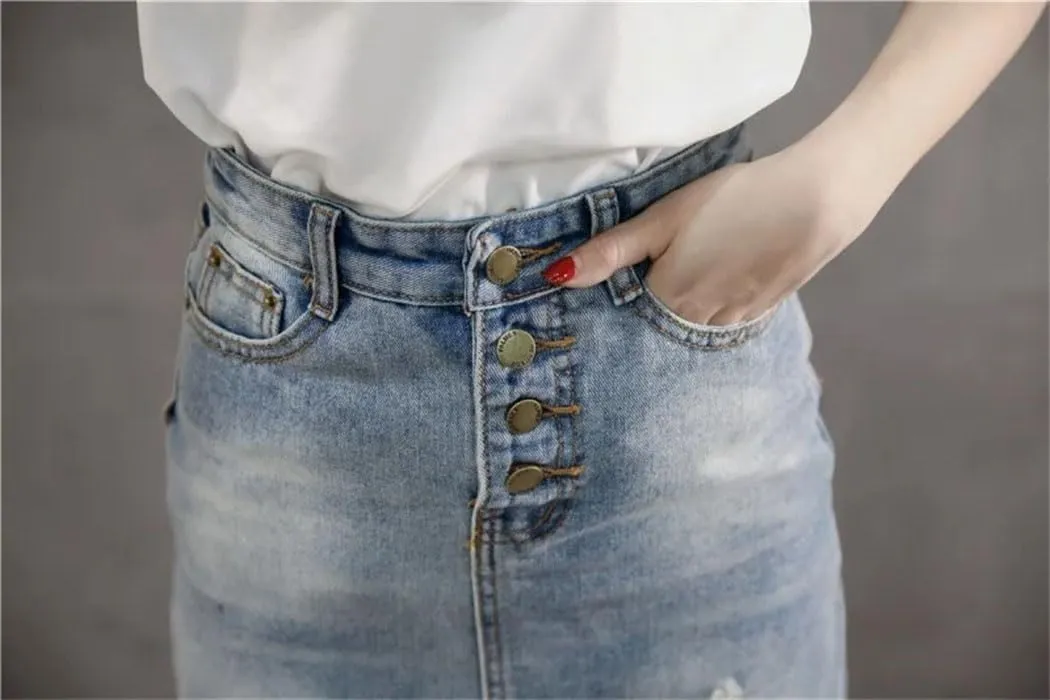 Women's High Waist Ripped Denim Skirt Front Slit Wrapped Hip Slimming Mid-Length Skirts