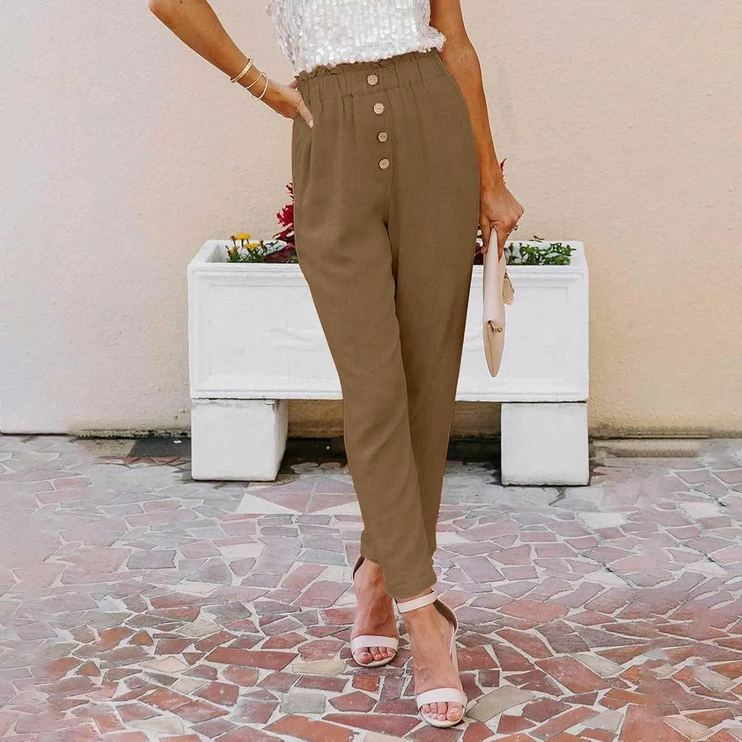 Womens High Waisted Button-Front Casual Pants Various Occasion Stylish Trousers Office Dress Ankle-Length Casual Pant