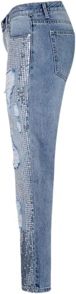 Women's High Waisted Jeans Baggy Metallic Glitter Straight Leg Ripped Denim Pants