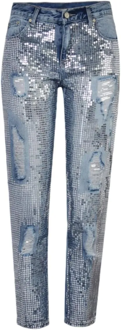 Women's High Waisted Jeans Baggy Metallic Glitter Straight Leg Ripped Denim Pants
