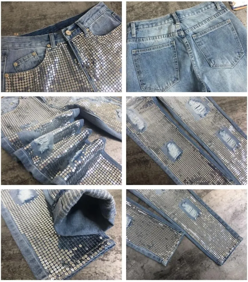 Women's High Waisted Jeans Baggy Metallic Glitter Straight Leg Ripped Denim Pants