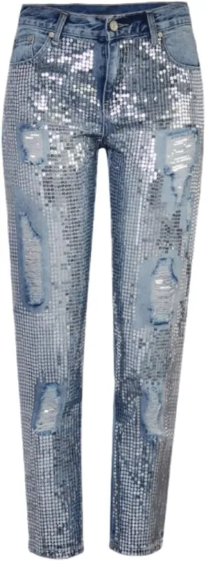 Women's High Waisted Jeans Baggy Metallic Glitter Straight Leg Ripped Denim Pants