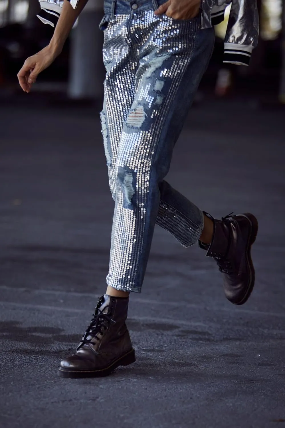 Women's High Waisted Jeans Baggy Metallic Glitter Straight Leg Ripped Denim Pants