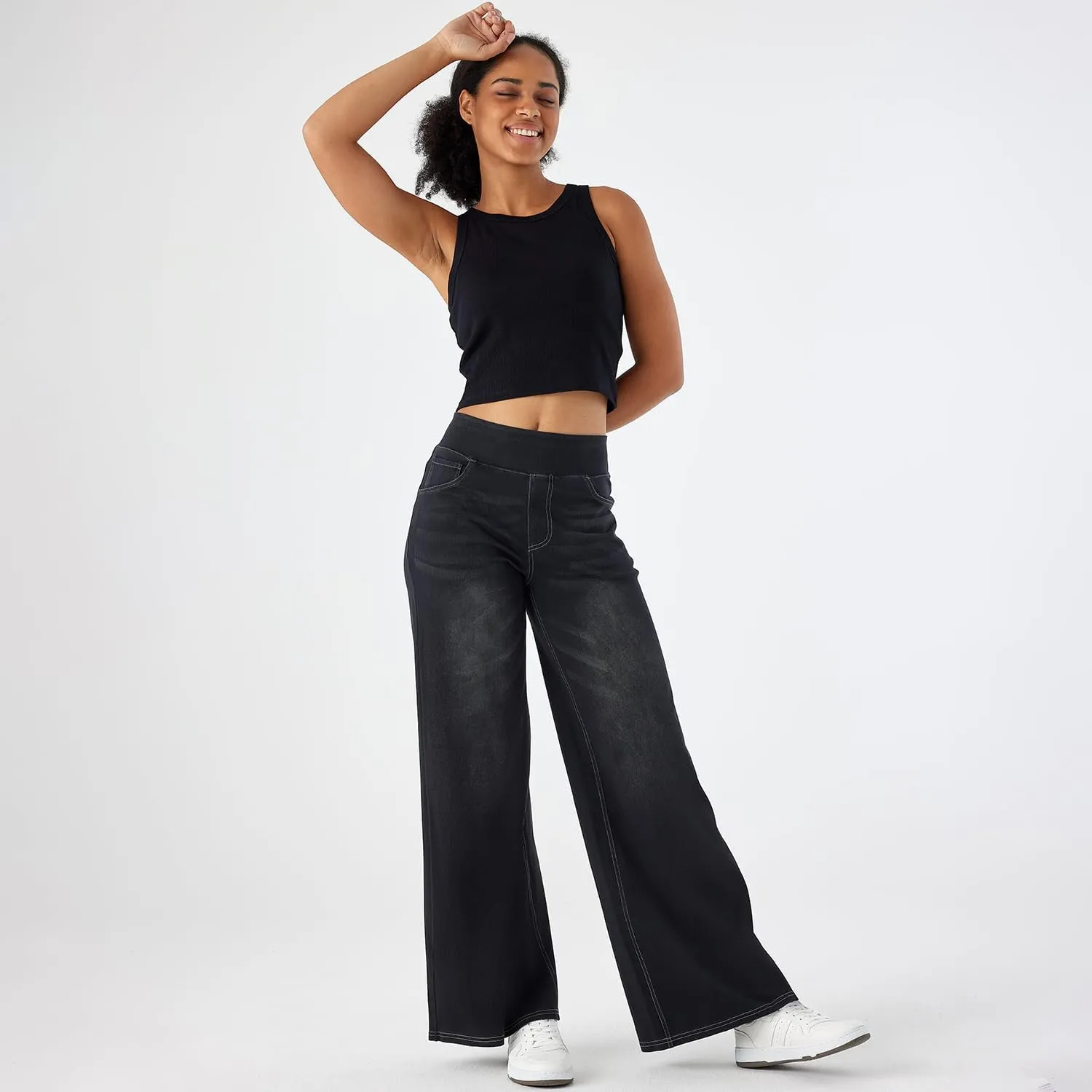Women's High Waisted Wide Leg Jeggings – Stretch Denim Pull On Flare Jeans with Pockets Casual Comfy Pants