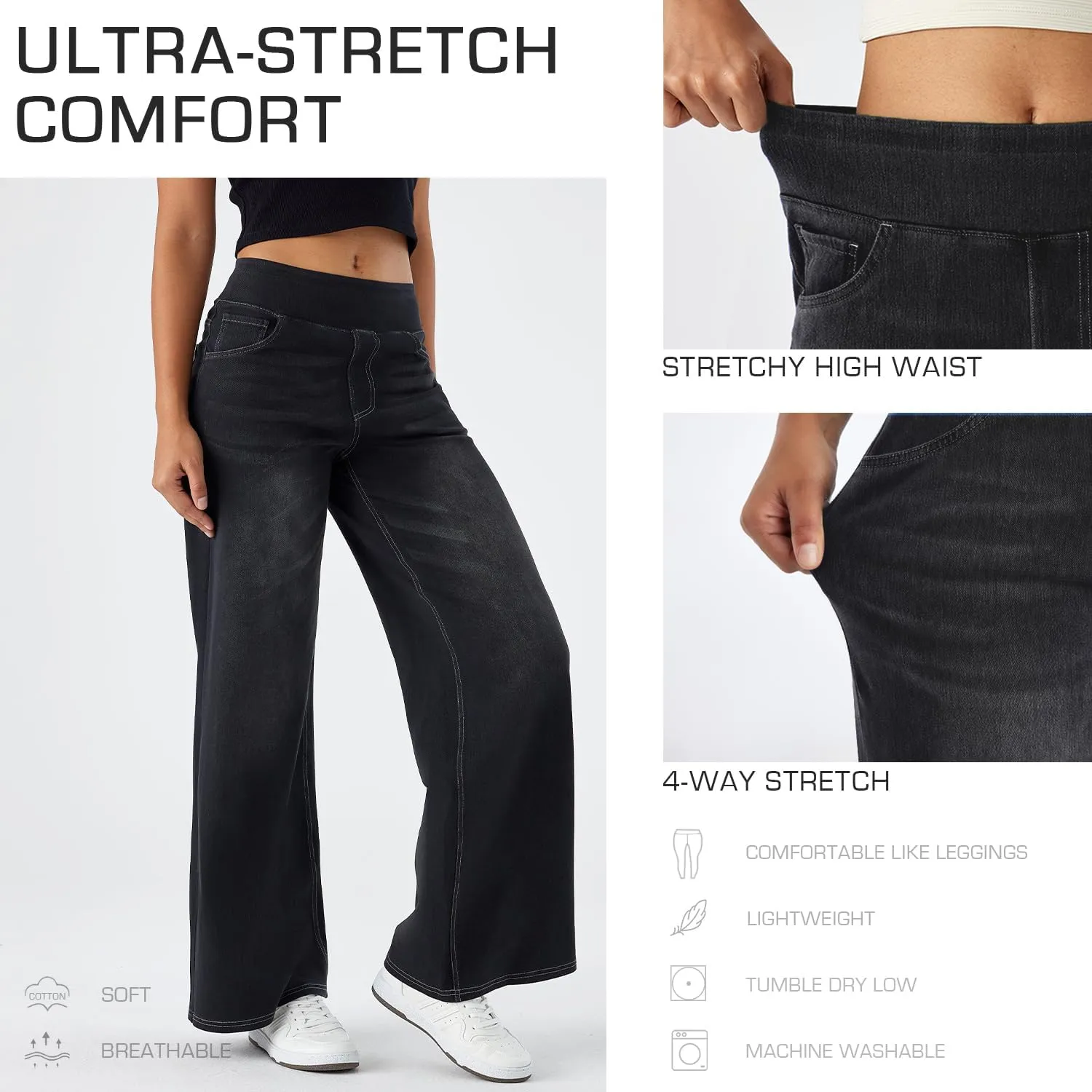 Women's High Waisted Wide Leg Jeggings – Stretch Denim Pull On Flare Jeans with Pockets Casual Comfy Pants