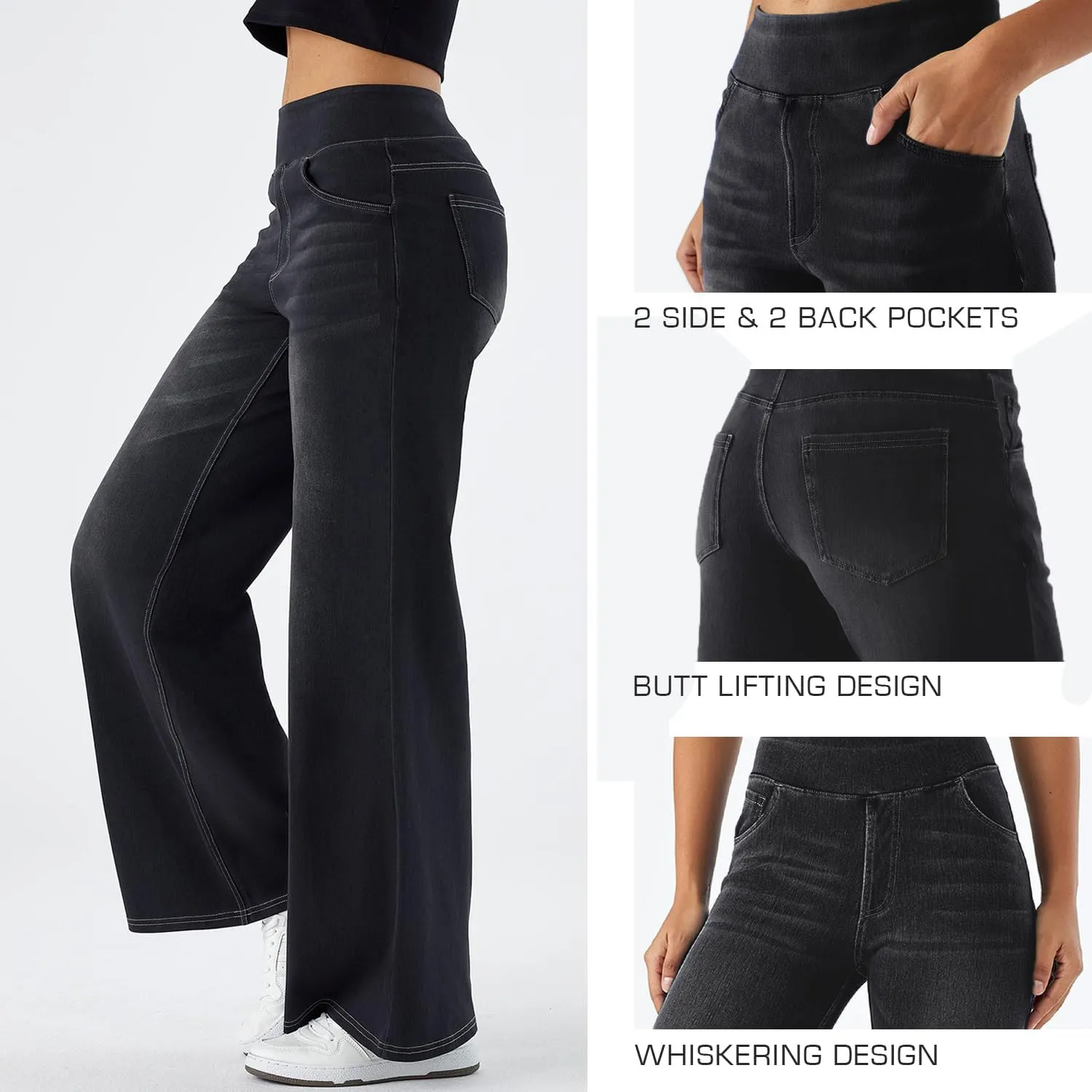 Women's High Waisted Wide Leg Jeggings – Stretch Denim Pull On Flare Jeans with Pockets Casual Comfy Pants