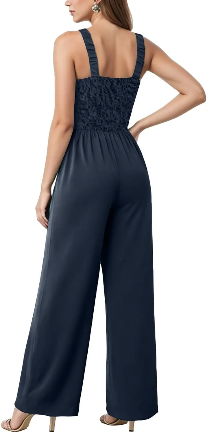 Womens Jumpsuit 2025 Summer Casual Loose One Piece Overalls Smocked Sleeveless Wide Leg Rompers With Pockets