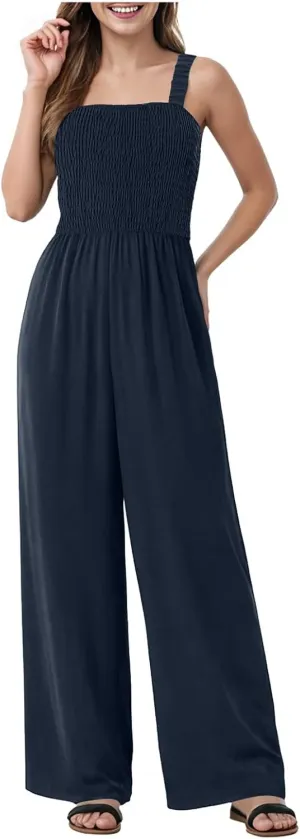 Womens Jumpsuit 2025 Summer Casual Loose One Piece Overalls Smocked Sleeveless Wide Leg Rompers With Pockets