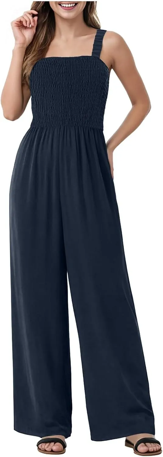 Womens Jumpsuit 2025 Summer Casual Loose One Piece Overalls Smocked Sleeveless Wide Leg Rompers With Pockets