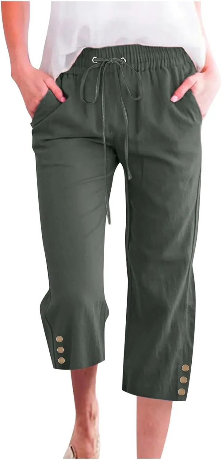 Womens Linen Pants Summer Casual Capri Candy Casual Capris Palazzo Cropped Comfy Baggy Trousers Capri Pants for