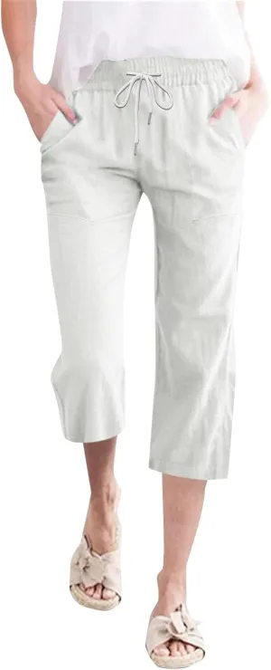 Womens Linen Pants Summer Casual Capri Candy Casual Capris Palazzo Cropped Comfy Baggy Trousers Capri Pants for