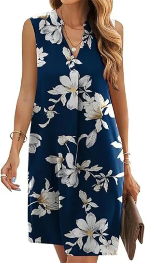 Women's Loose Fit Shift Floral Print Sleeveless V-Neck Black Mini Dresses Casual 2025 Spring Summer Fashion Dress