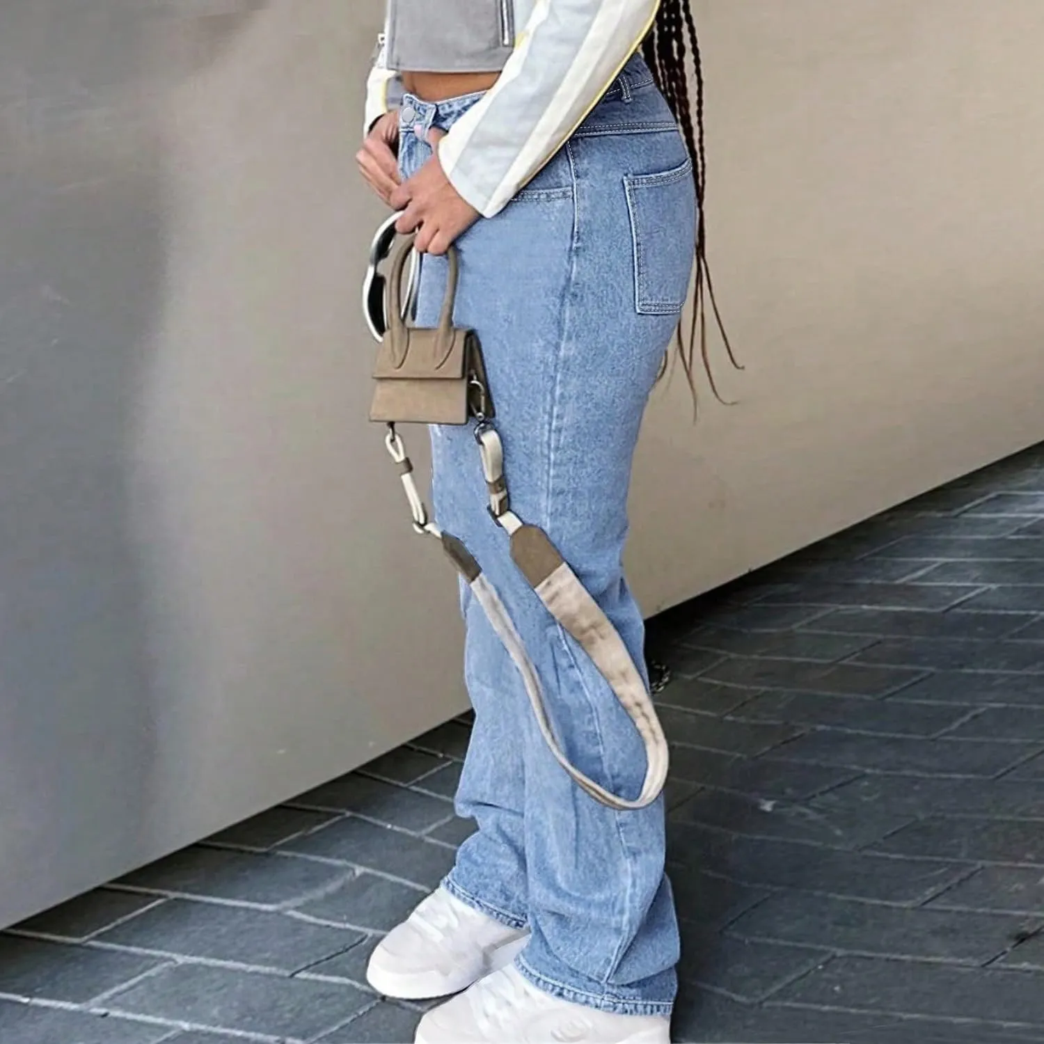 Women's Mid Waisted Straight Wide Leg Jeans Loose Fit Boyfriend Tummy Control Trendy Denim Pants with Pocket