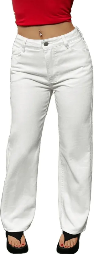 Women's Mid Waisted Straight Wide Leg Jeans Loose Fit Boyfriend Tummy Control Trendy Denim Pants with Pocket