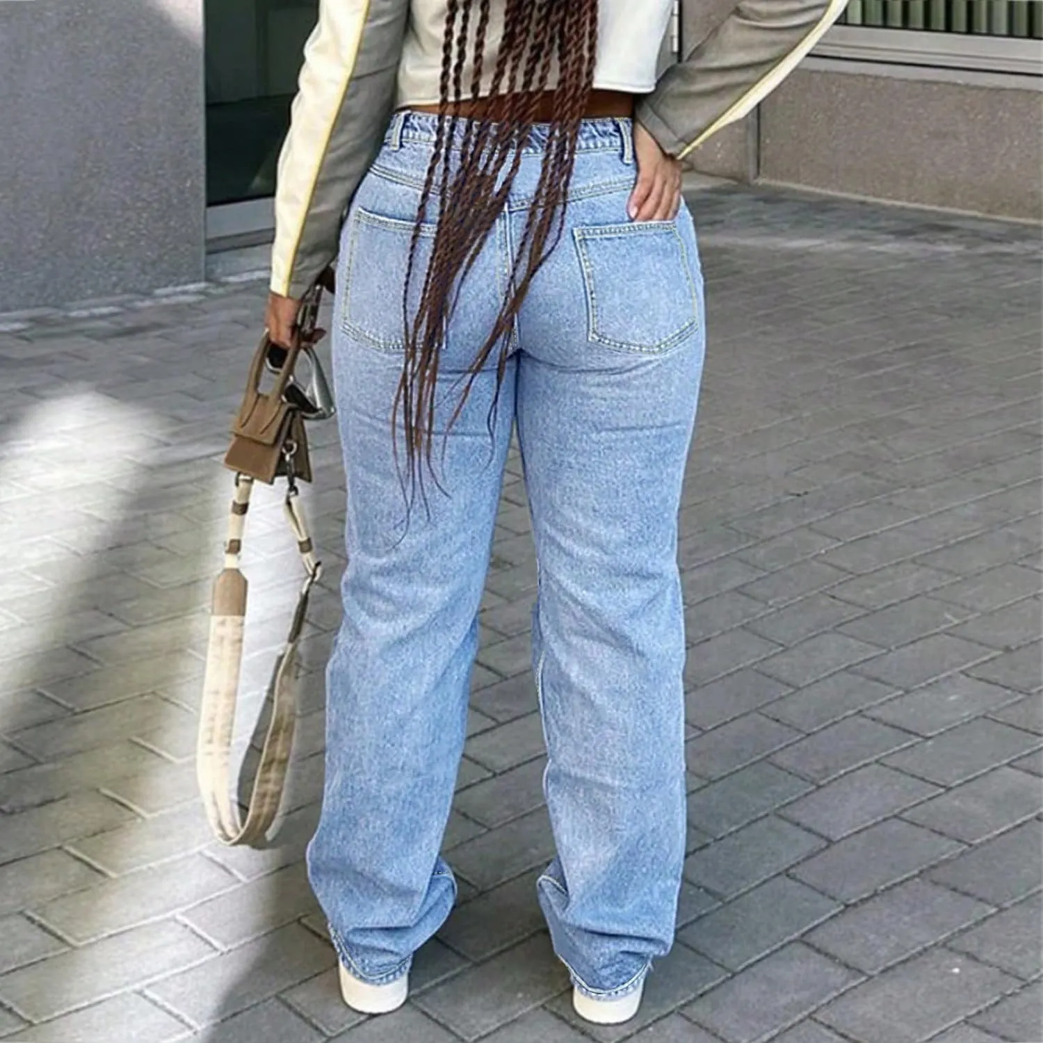 Women's Mid Waisted Straight Wide Leg Jeans Loose Fit Boyfriend Tummy Control Trendy Denim Pants with Pocket