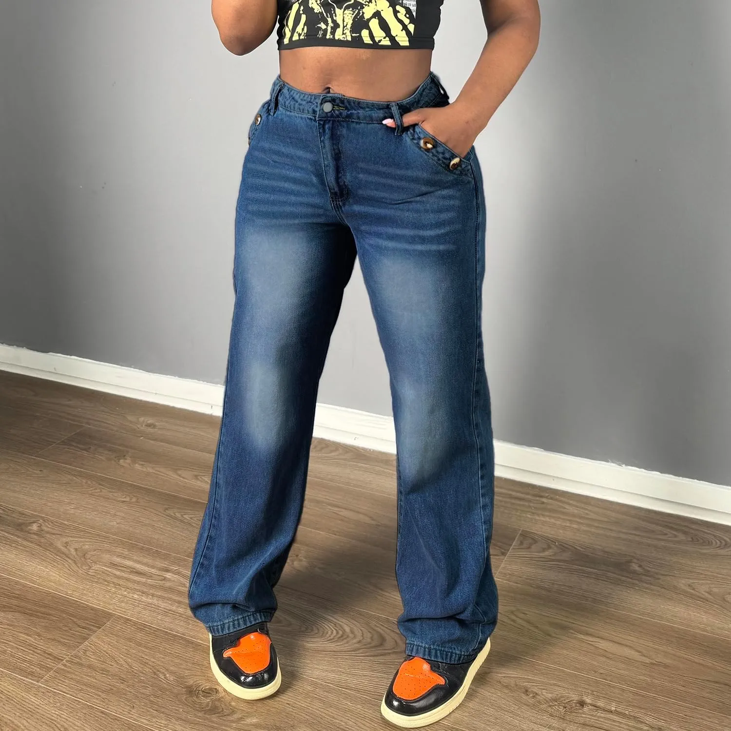 Women's Mid Waisted Straight Wide Leg Jeans Loose Fit Boyfriend Tummy Control Trendy Denim Pants with Pocket