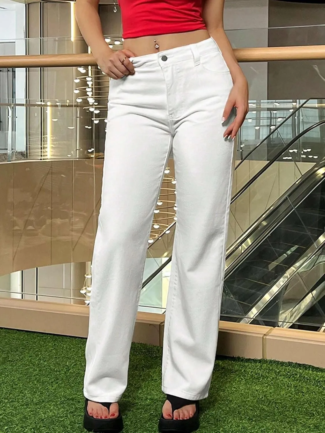 Women's Mid Waisted Straight Wide Leg Jeans Loose Fit Boyfriend Tummy Control Trendy Denim Pants with Pocket