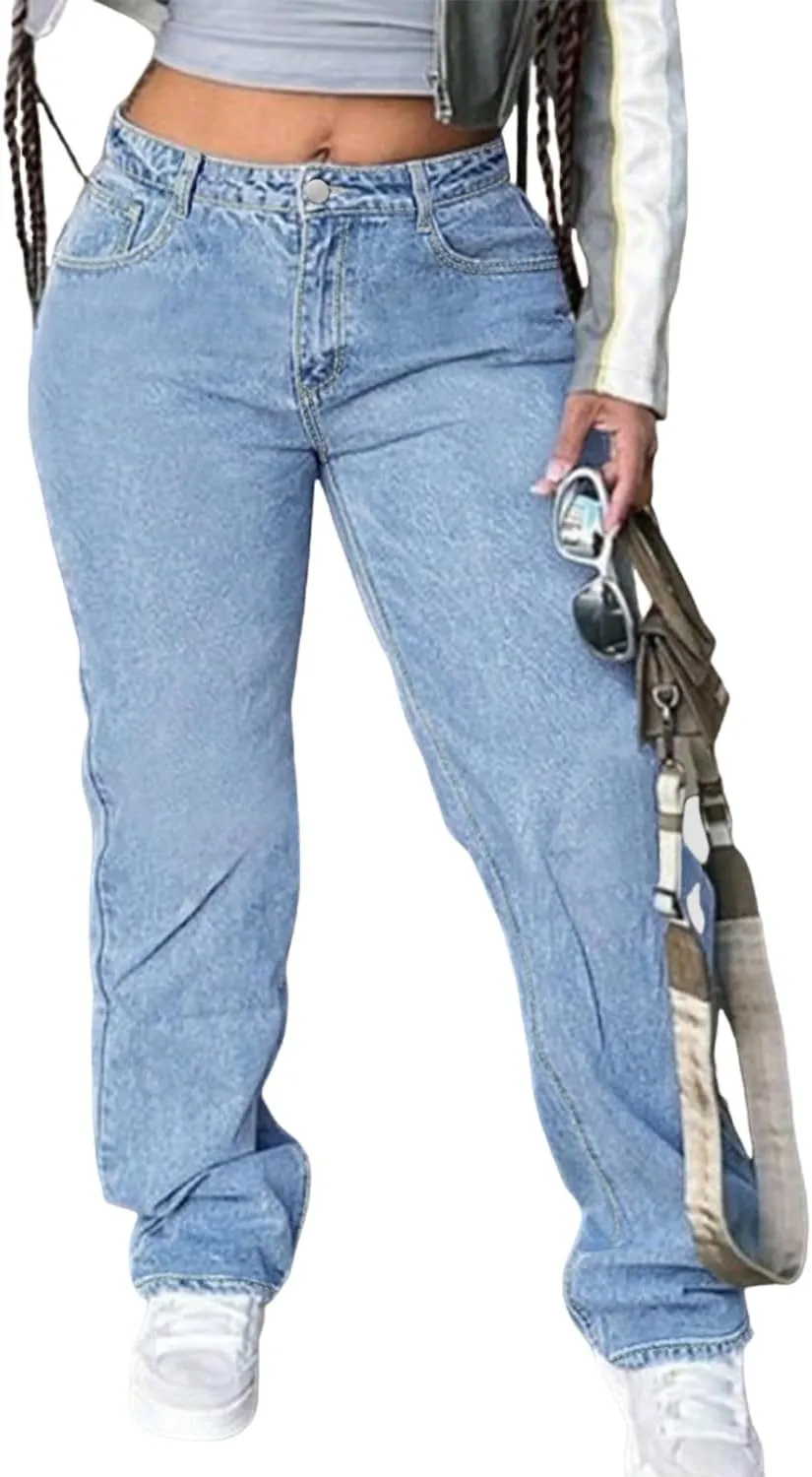 Women's Mid Waisted Straight Wide Leg Jeans Loose Fit Boyfriend Tummy Control Trendy Denim Pants with Pocket