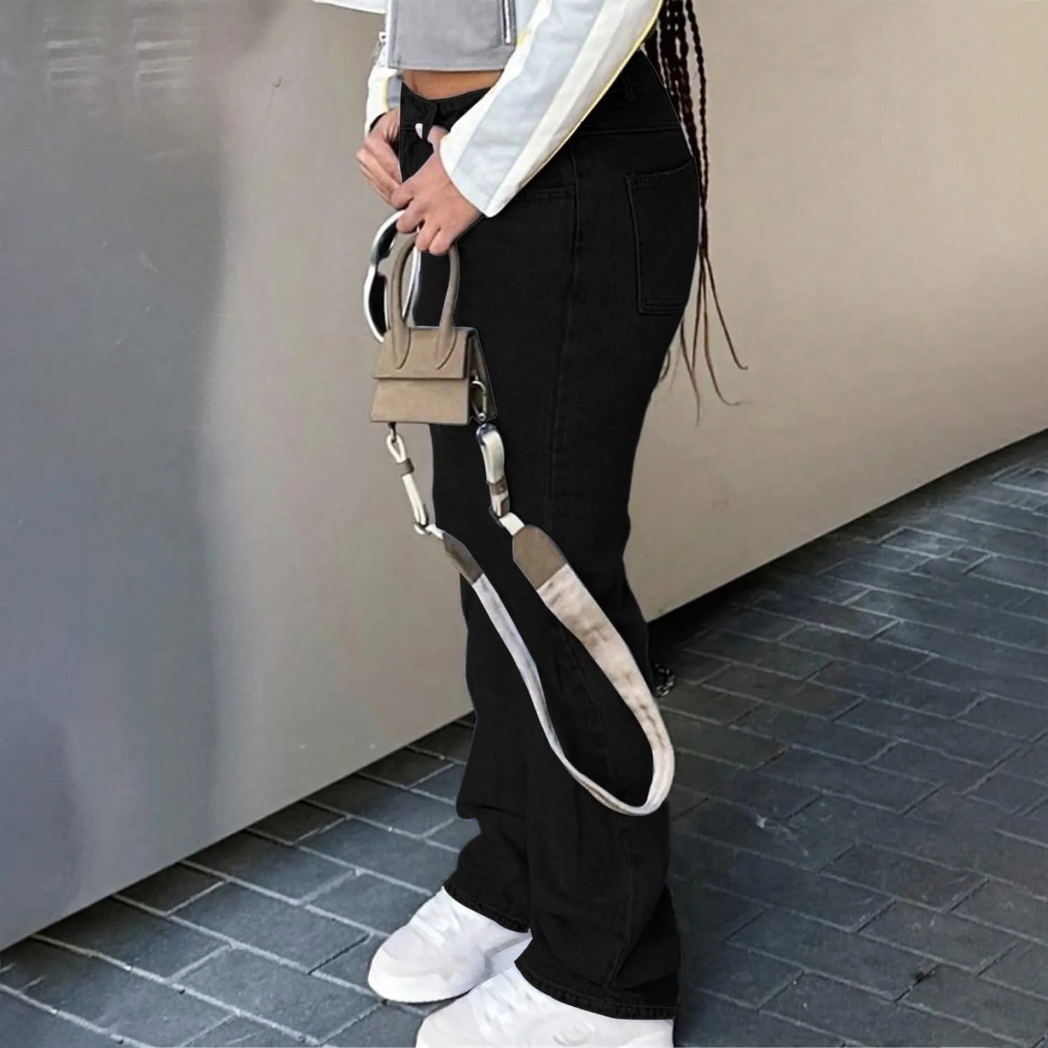 Women's Mid Waisted Straight Wide Leg Jeans Loose Fit Boyfriend Tummy Control Trendy Denim Pants with Pocket