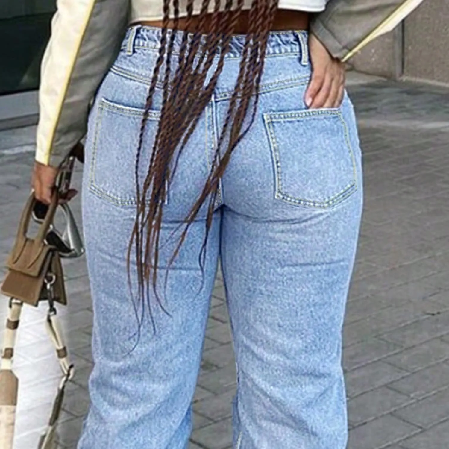 Women's Mid Waisted Straight Wide Leg Jeans Loose Fit Boyfriend Tummy Control Trendy Denim Pants with Pocket