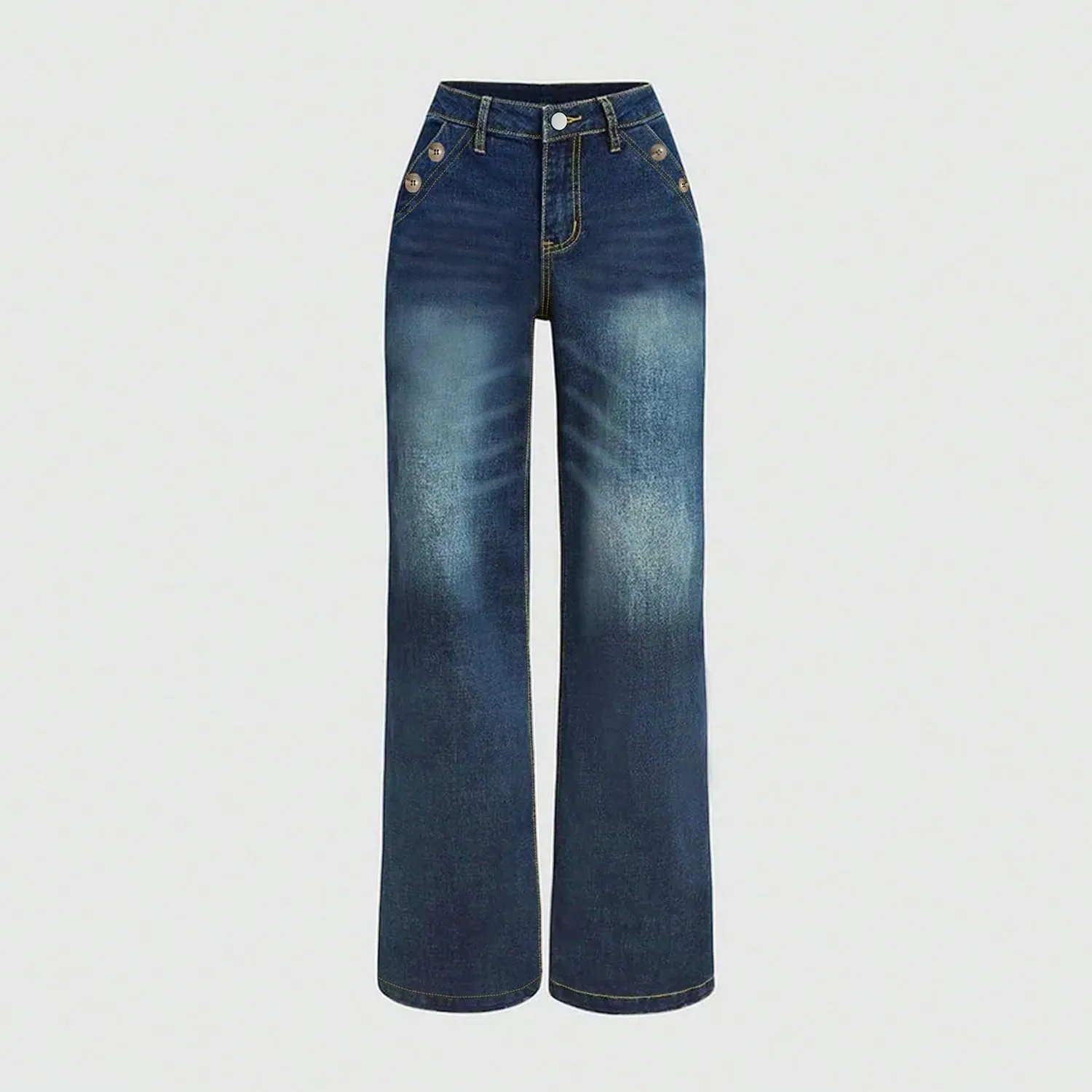 Women's Mid Waisted Straight Wide Leg Jeans Loose Fit Boyfriend Tummy Control Trendy Denim Pants with Pocket