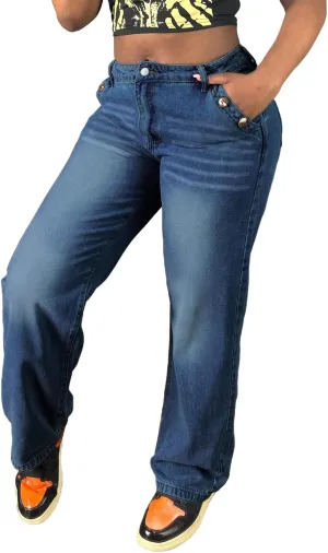 Women's Mid Waisted Straight Wide Leg Jeans Loose Fit Boyfriend Tummy Control Trendy Denim Pants with Pocket