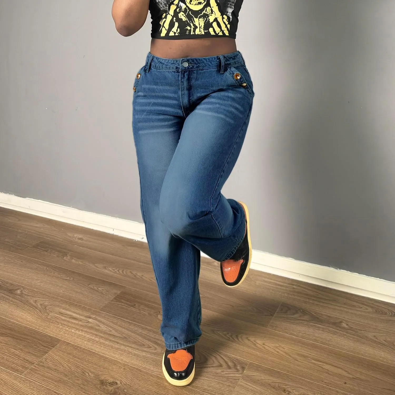Women's Mid Waisted Straight Wide Leg Jeans Loose Fit Boyfriend Tummy Control Trendy Denim Pants with Pocket
