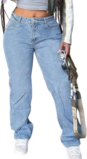 Women's Mid Waisted Straight Wide Leg Jeans Loose Fit Boyfriend Tummy Control Trendy Denim Pants with Pocket