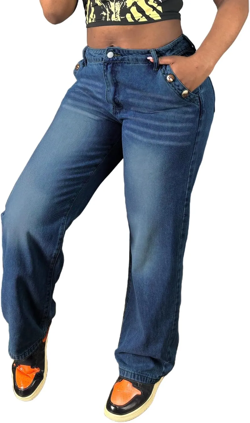 Women's Mid Waisted Straight Wide Leg Jeans Loose Fit Boyfriend Tummy Control Trendy Denim Pants with Pocket