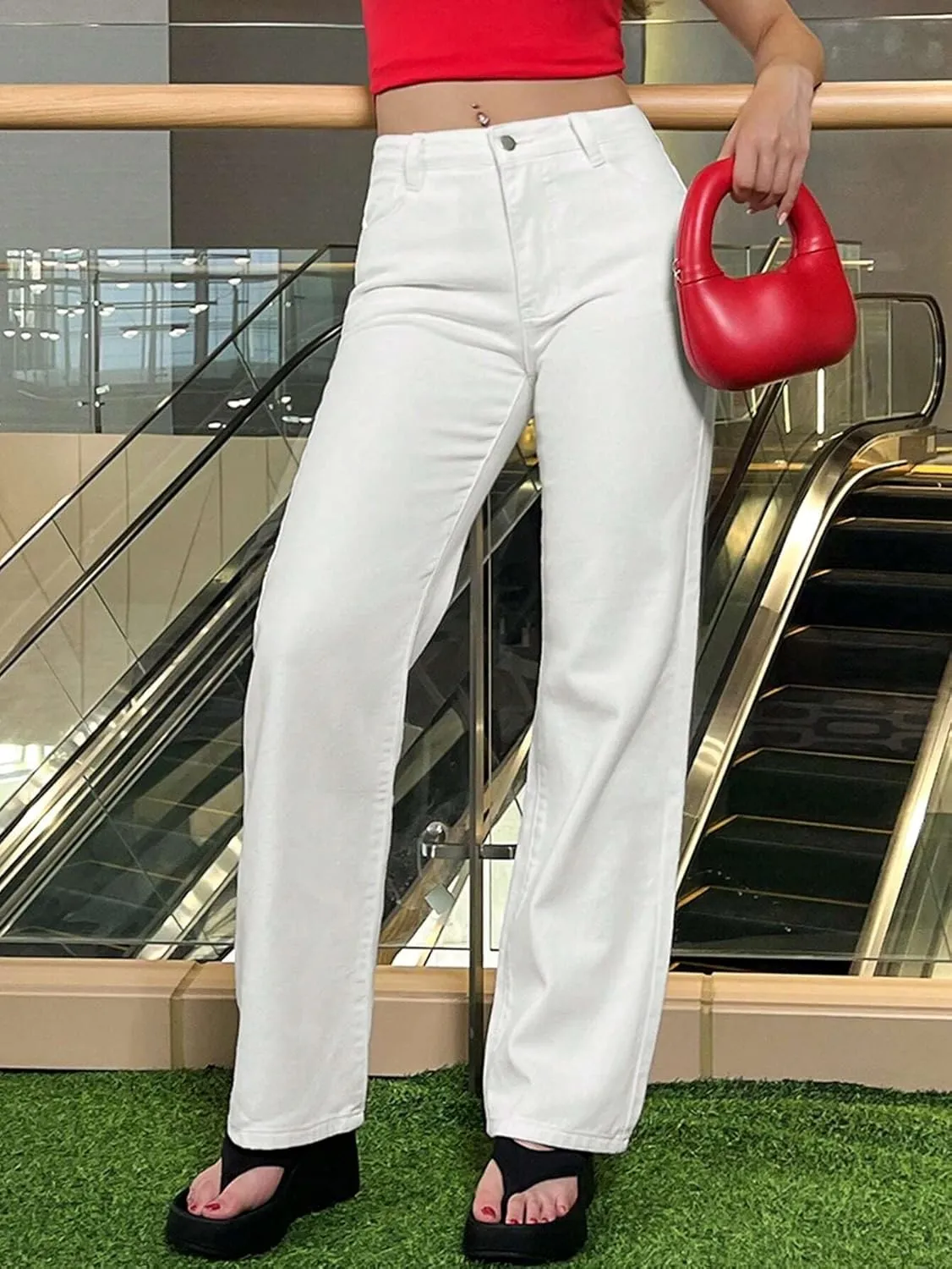 Women's Mid Waisted Straight Wide Leg Jeans Loose Fit Boyfriend Tummy Control Trendy Denim Pants with Pocket