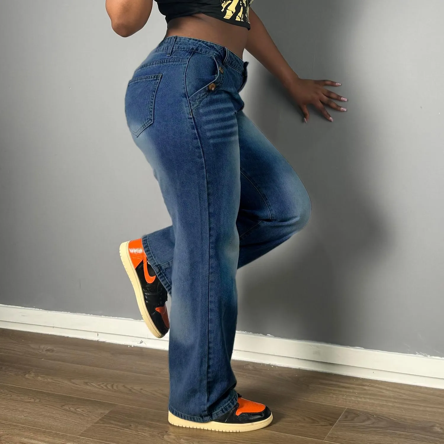 Women's Mid Waisted Straight Wide Leg Jeans Loose Fit Boyfriend Tummy Control Trendy Denim Pants with Pocket