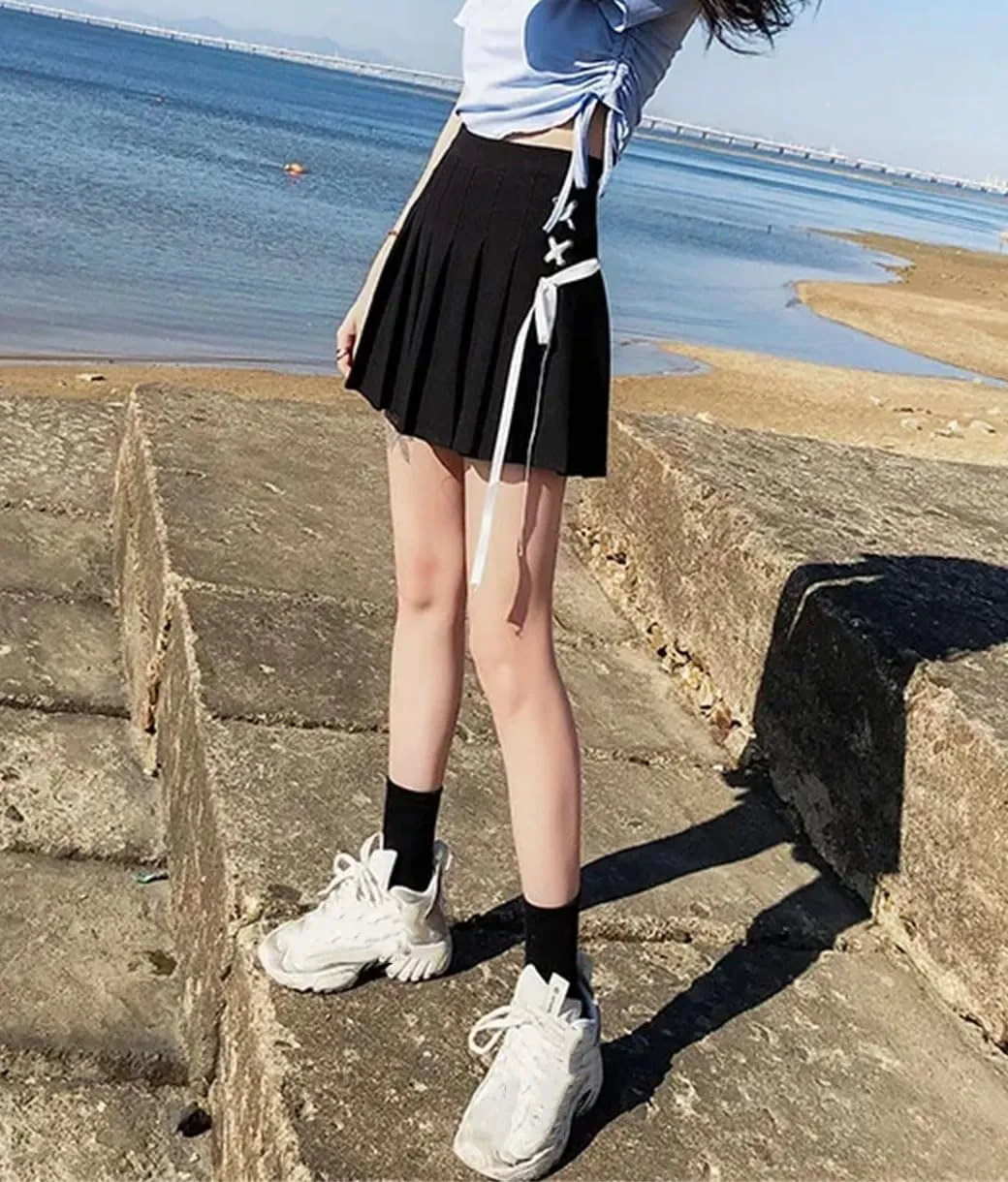 Women's Mini Skirts Classic Sports High Waist Pleated A-Line Side Lace-Up Skirts