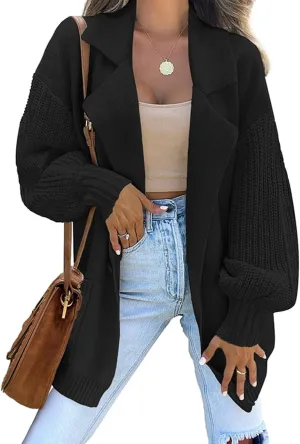 Women's Open Front Long Lantern Sleeve Cardigan Oversized Chunky Ribbed Sweater Outwear with Pocket Knit Winter Coat