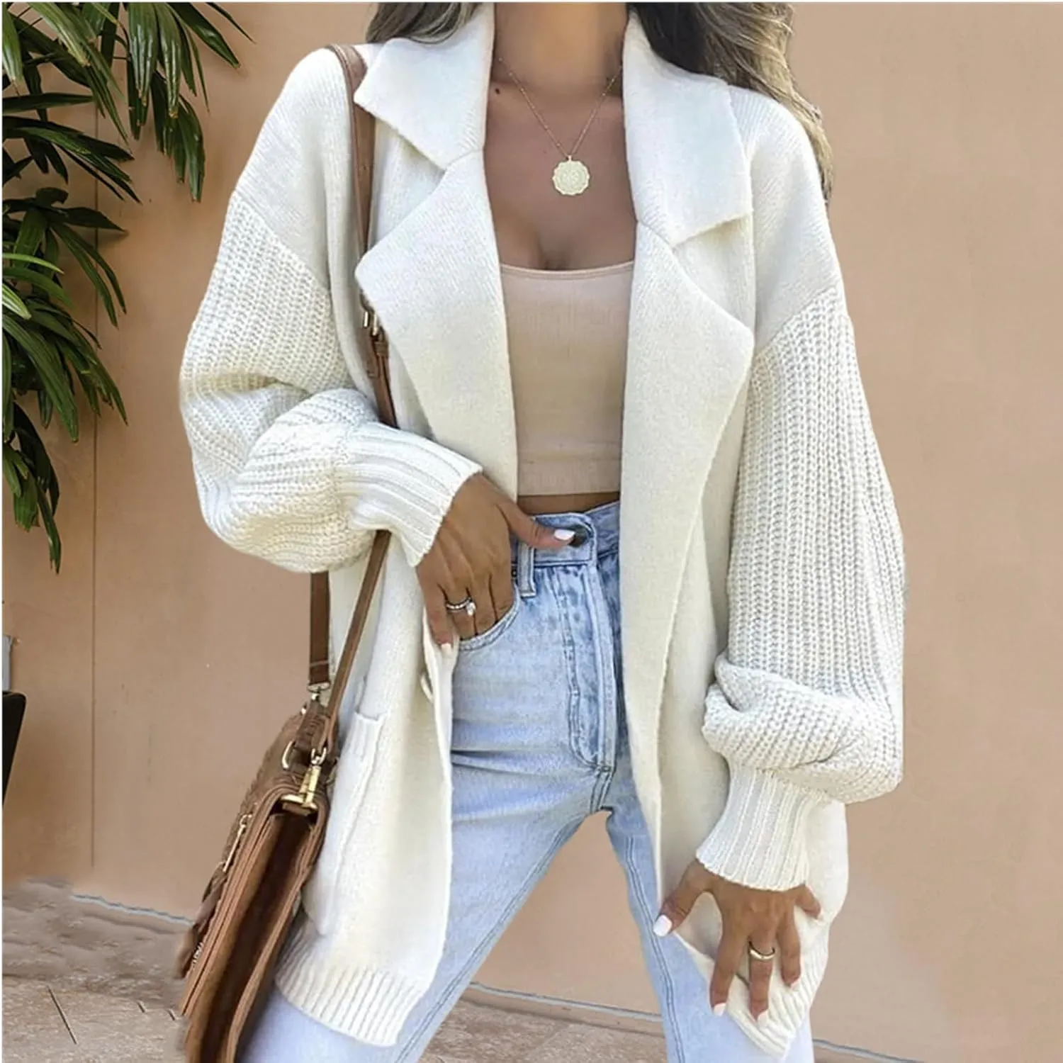 Women's Open Front Long Lantern Sleeve Cardigan Oversized Chunky Ribbed Sweater Outwear with Pocket Knit Winter Coat
