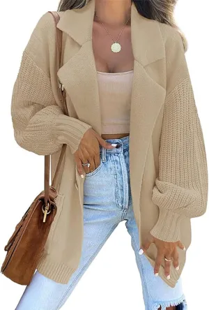 Women's Open Front Long Lantern Sleeve Cardigan Oversized Chunky Ribbed Sweater Outwear with Pocket Knit Winter Coat