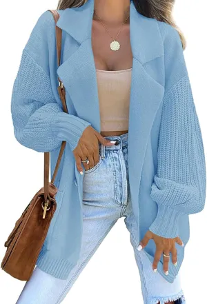 Women's Open Front Long Lantern Sleeve Cardigan Oversized Chunky Ribbed Sweater Outwear with Pocket Knit Winter Coat