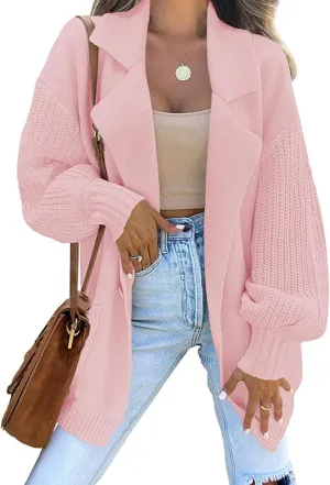 Women's Open Front Long Lantern Sleeve Cardigan Oversized Chunky Ribbed Sweater Outwear with Pocket Knit Winter Coat