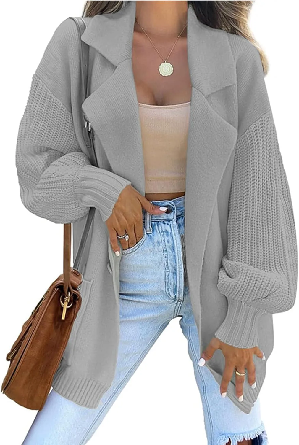 Women's Open Front Long Lantern Sleeve Cardigan Oversized Chunky Ribbed Sweater Outwear with Pocket Knit Winter Coat