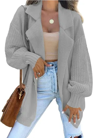 Women's Open Front Long Lantern Sleeve Cardigan Oversized Chunky Ribbed Sweater Outwear with Pocket Knit Winter Coat