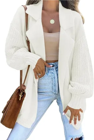Women's Open Front Long Lantern Sleeve Cardigan Oversized Chunky Ribbed Sweater Outwear with Pocket Knit Winter Coat