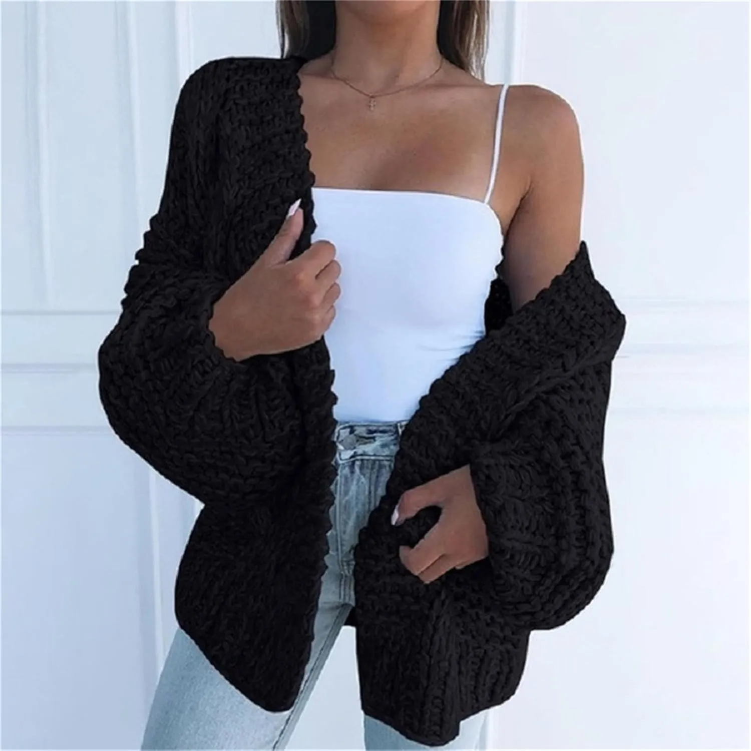 Womens Open Front Long Sleeve Chunky Knit Cardigan Sweaters Loose Outwear Coat
