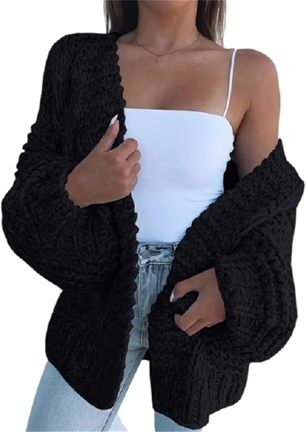 Womens Open Front Long Sleeve Chunky Knit Cardigan Sweaters Loose Outwear Coat