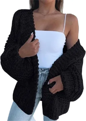 Womens Open Front Long Sleeve Chunky Knit Cardigan Sweaters Loose Outwear Coat