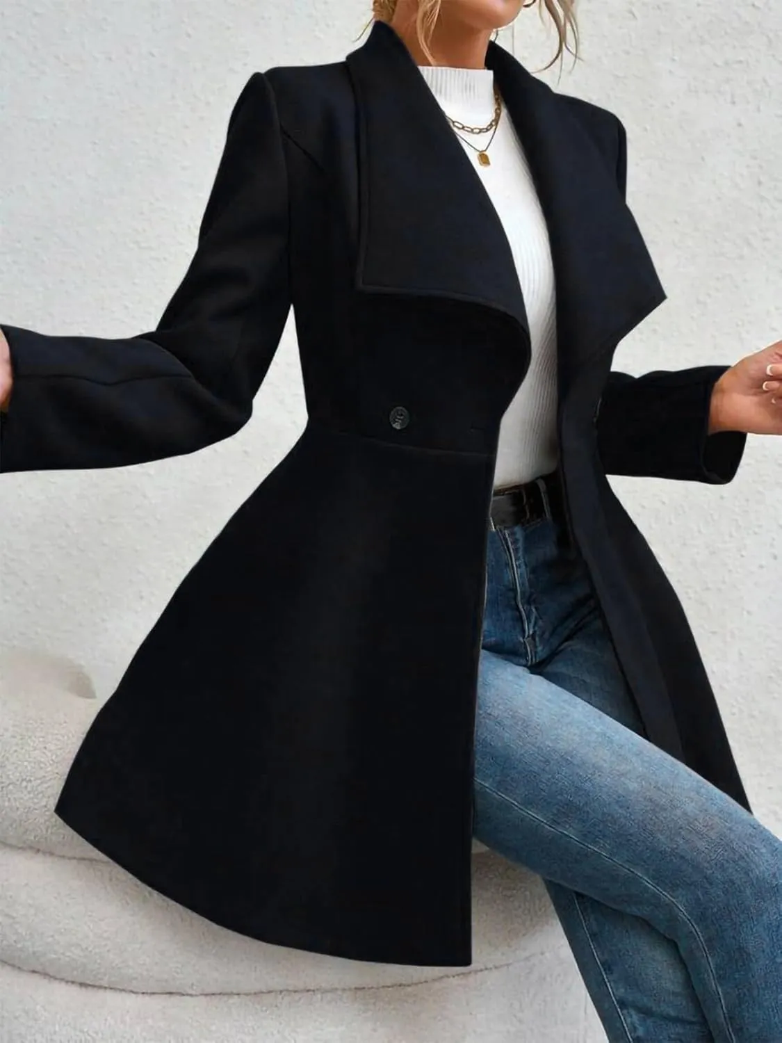 Womens Pea Trench Coats Lapel Double Breasted Casual Jackets Buttoned Elegant Work Winter Outerwear