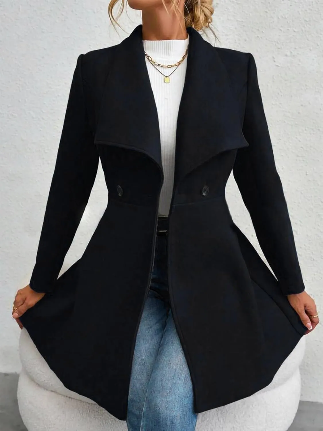 Womens Pea Trench Coats Lapel Double Breasted Casual Jackets Buttoned Elegant Work Winter Outerwear