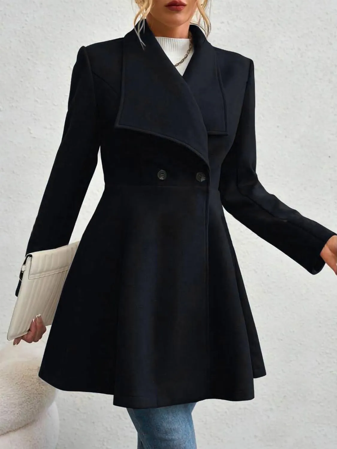 Womens Pea Trench Coats Lapel Double Breasted Casual Jackets Buttoned Elegant Work Winter Outerwear