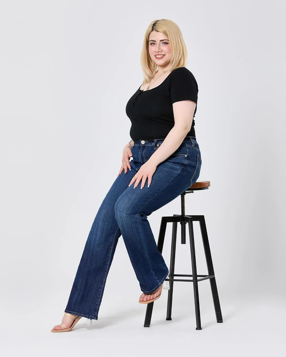 Women's Plus Size Bell Bottom Jeans Mid High Rise Flare Jean Skinny Stretchy Denim Pants