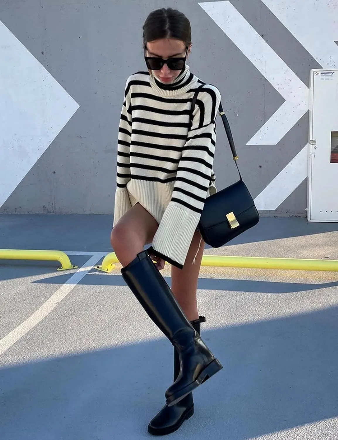 Women's Pullover Sweaters Turtleneck Long Sleeve Striped Side Slit Casual Loose fit Ribbed Knit Jumper Tops
