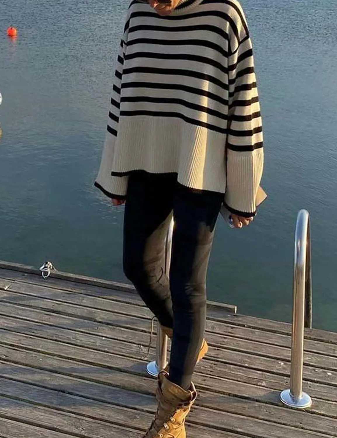 Women's Pullover Sweaters Turtleneck Long Sleeve Striped Side Slit Casual Loose fit Ribbed Knit Jumper Tops