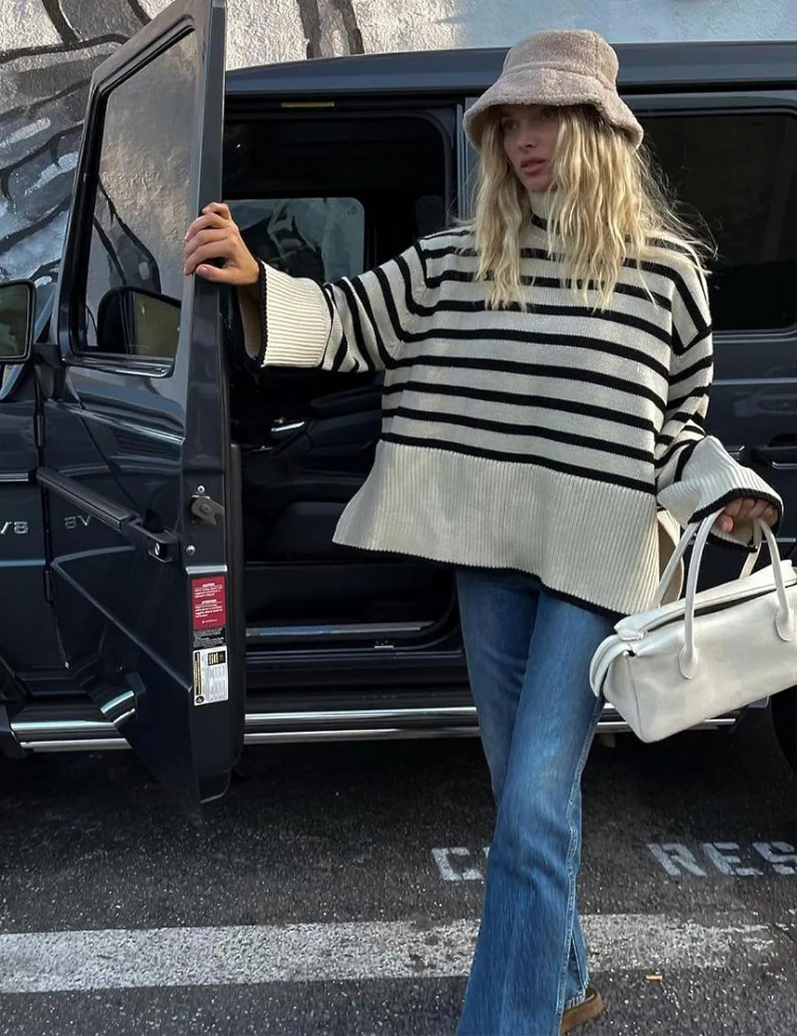 Women's Pullover Sweaters Turtleneck Long Sleeve Striped Side Slit Casual Loose fit Ribbed Knit Jumper Tops
